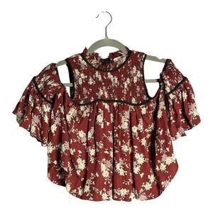 Cinq a Sept Dark Purple Floral Cropped Cold Shoulder Top Smocked Detail Size XS